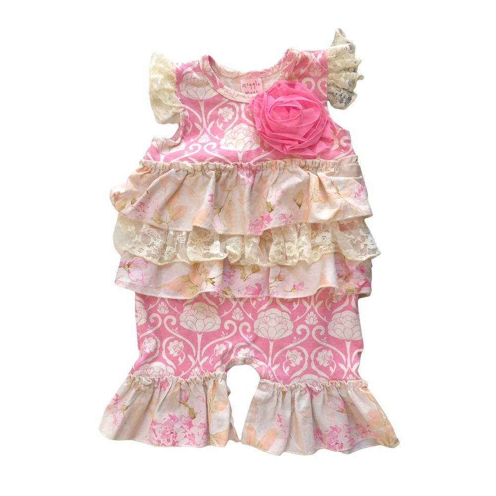 Giggle Moon Pink & Cream floral ruffle Romper 3 Months (3-6)